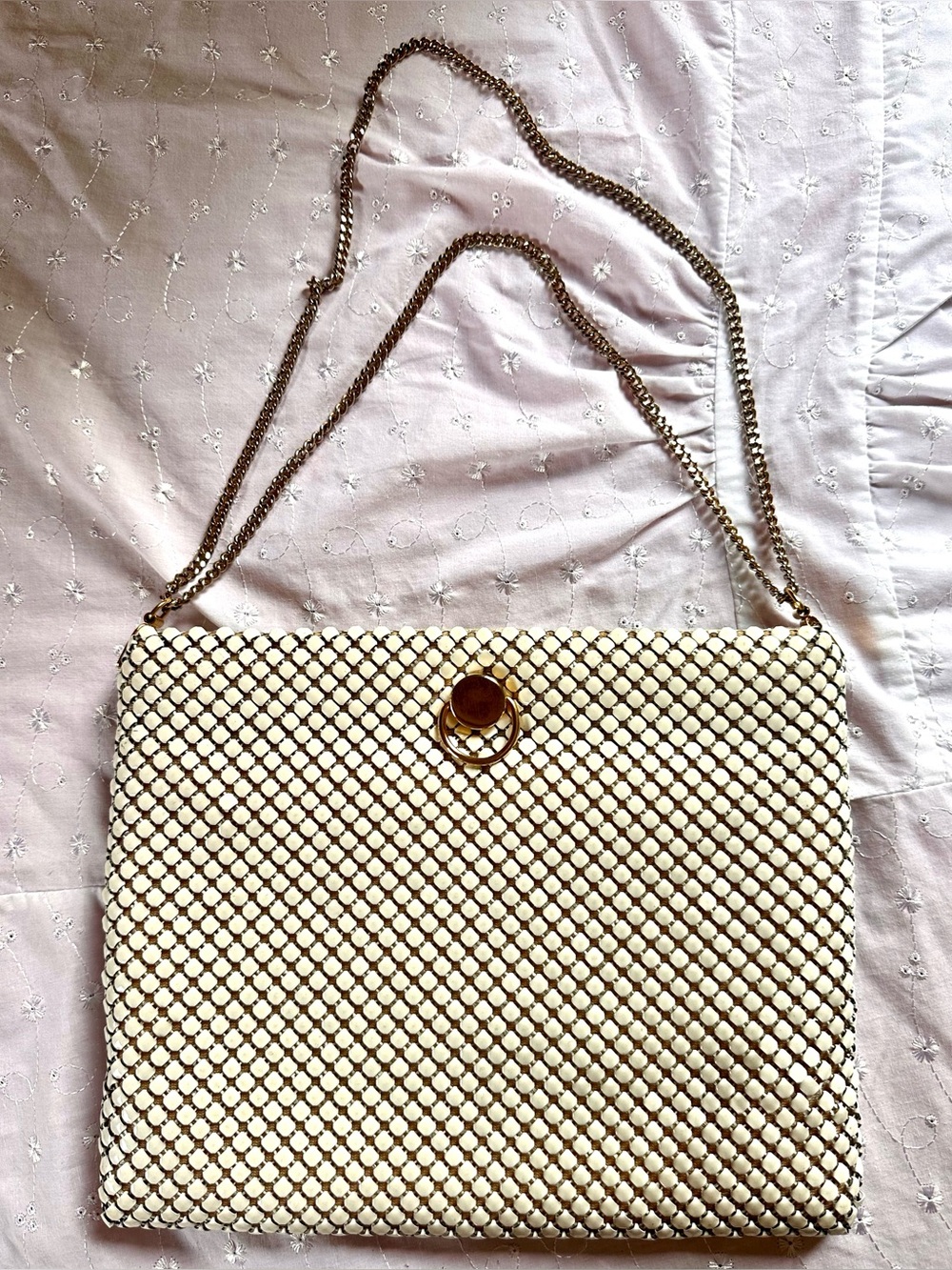 Vintage Cream Metal Mesh Shoulder Bag with Gold Chain, Alumesh 1980s